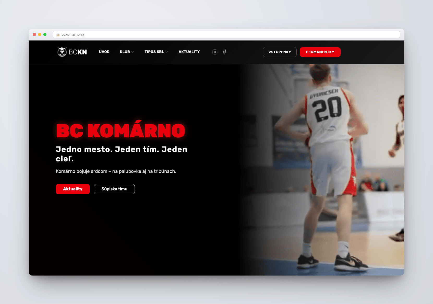Klubová webstránka pre basketbalový klub BC Komárno — ukážka rozhrania 1