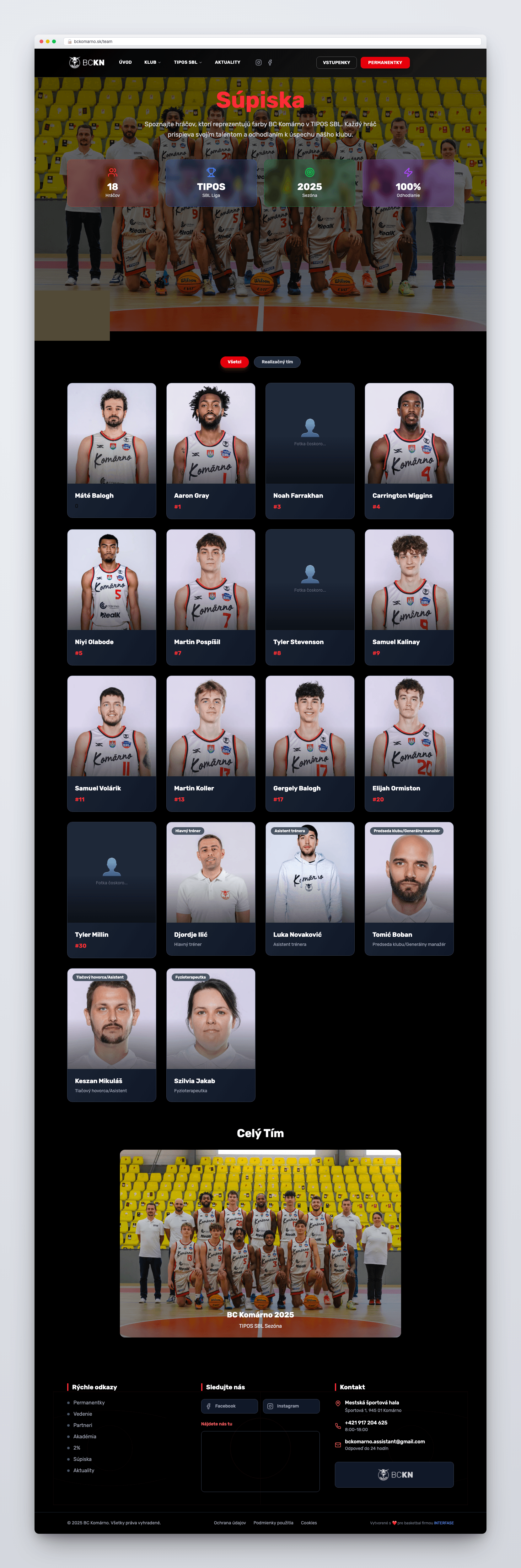Klubová webstránka pre basketbalový klub BC Komárno — ukážka rozhrania 2