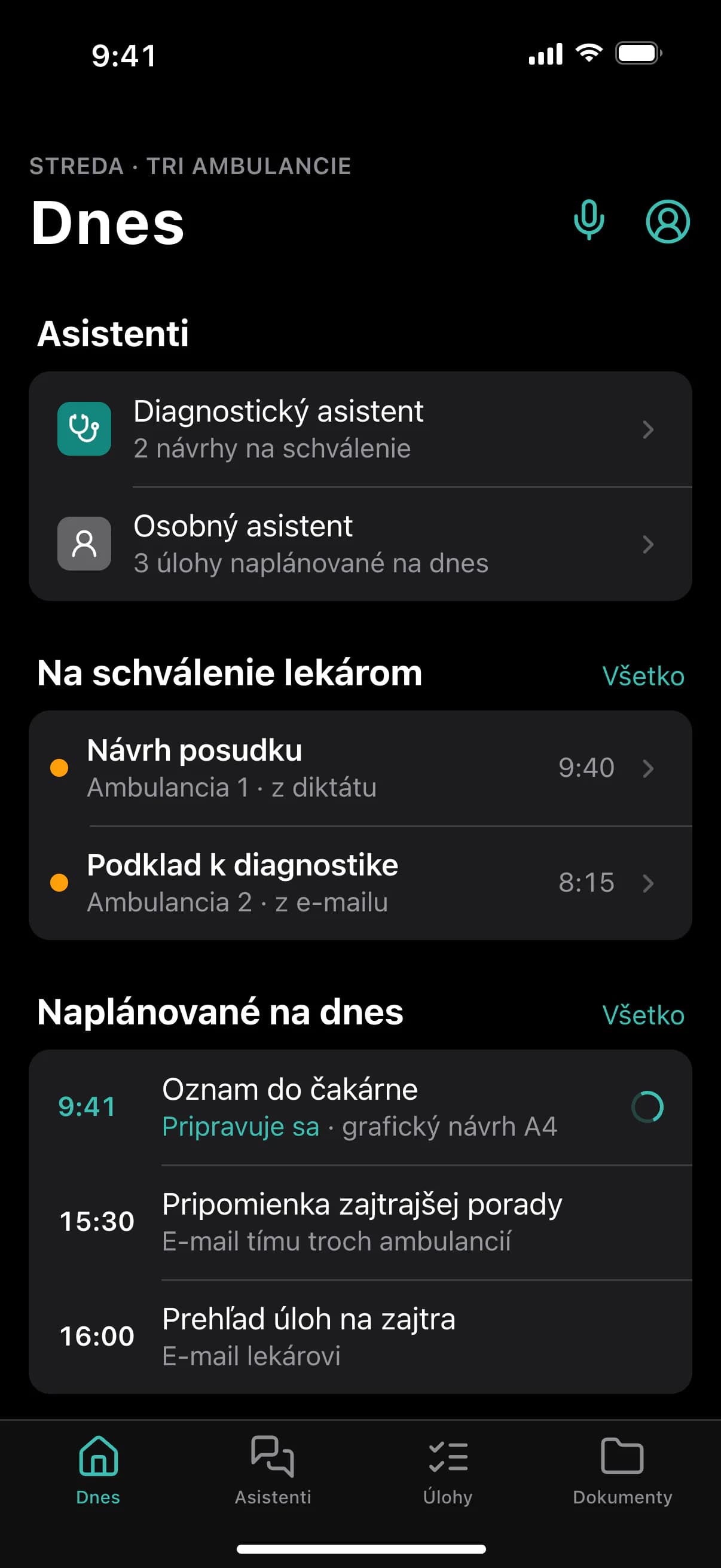 AI asistenti CETVIN – naplánované úkoly a přehled dne pro tři ordinace