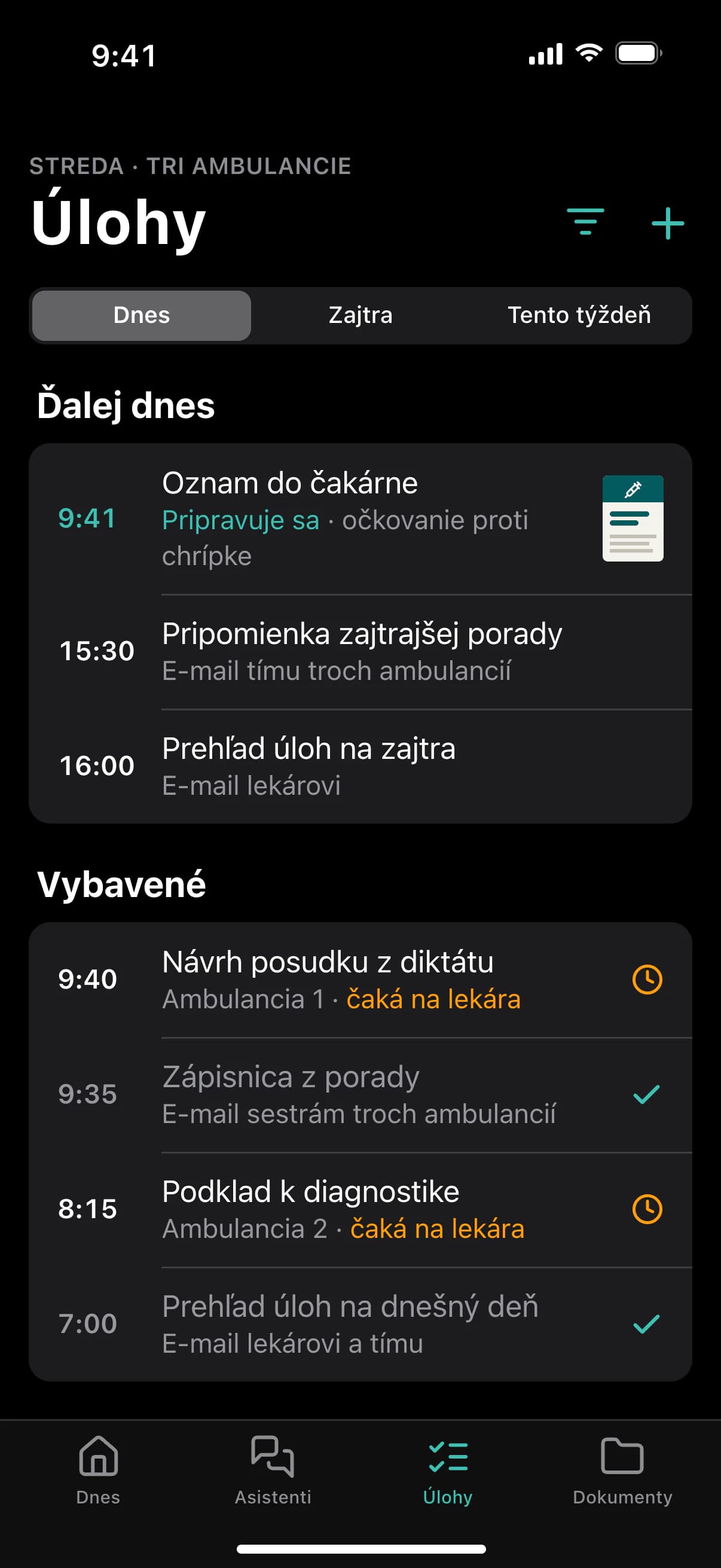 AI asistenti CETVIN – naplánované úkoly a přehled dne pro tři ordinace