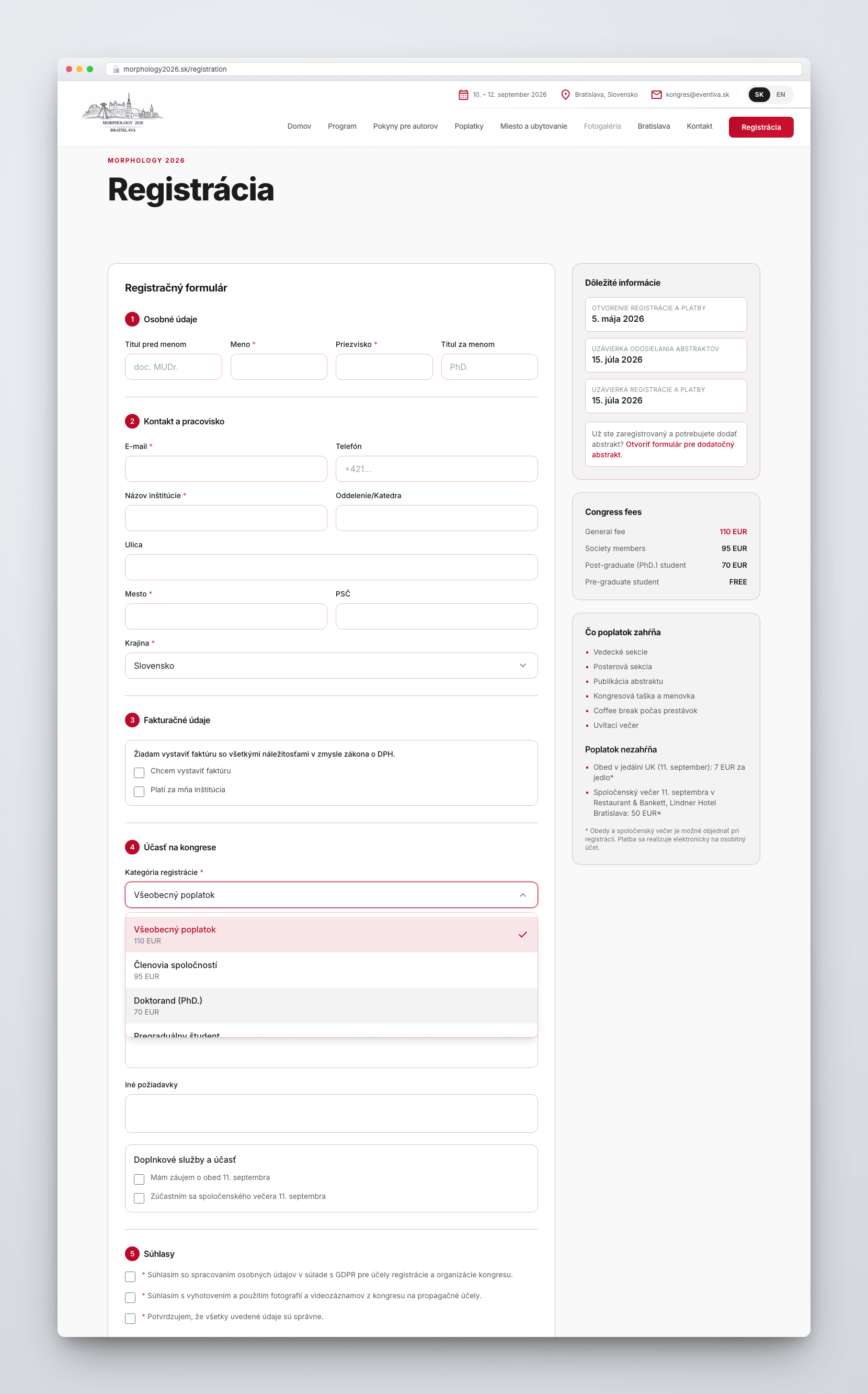 Registration and payment system for professional congresses — ukážka rozhrania 2