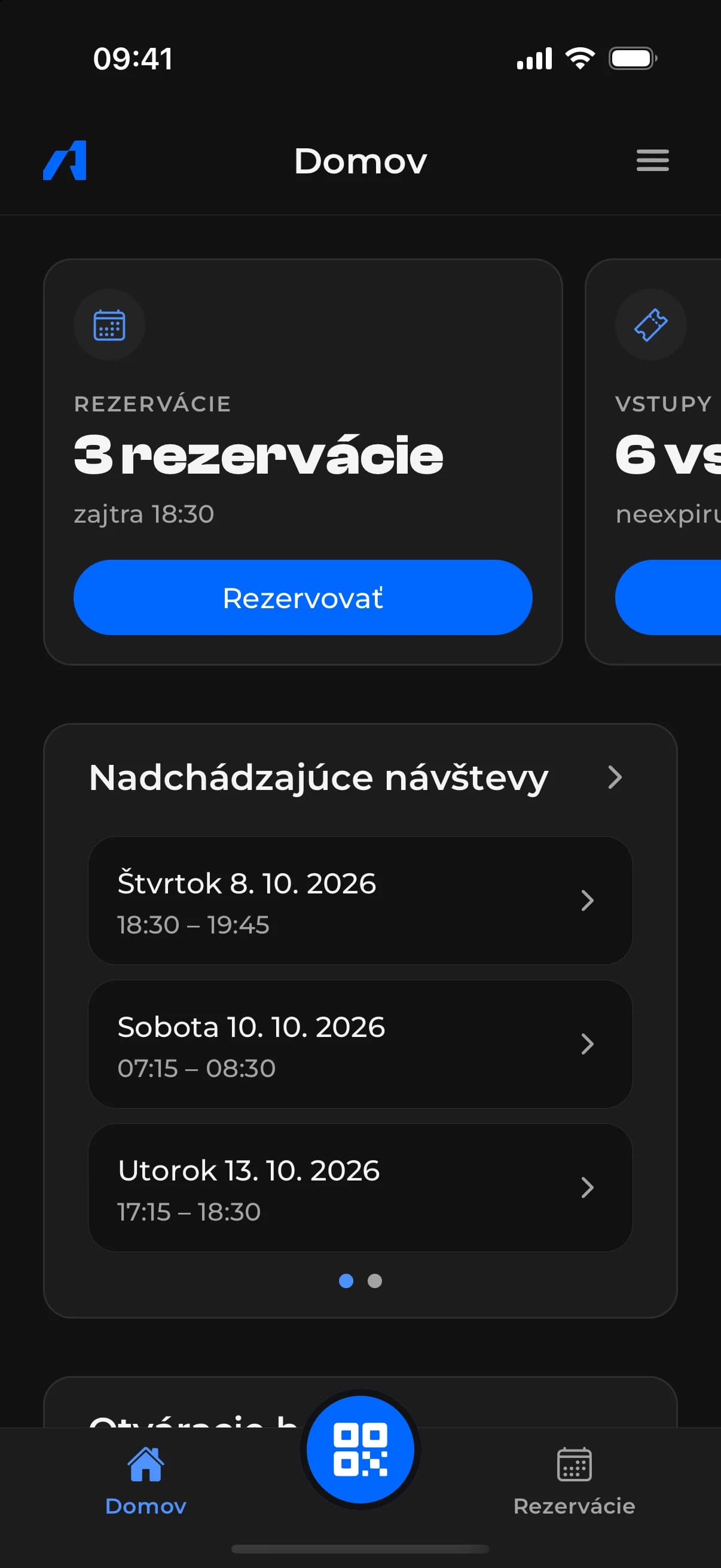 Aplikácia ACHYLES GYM – domovská obrazovka, nadchádzajúce rezervácie a história vstupov