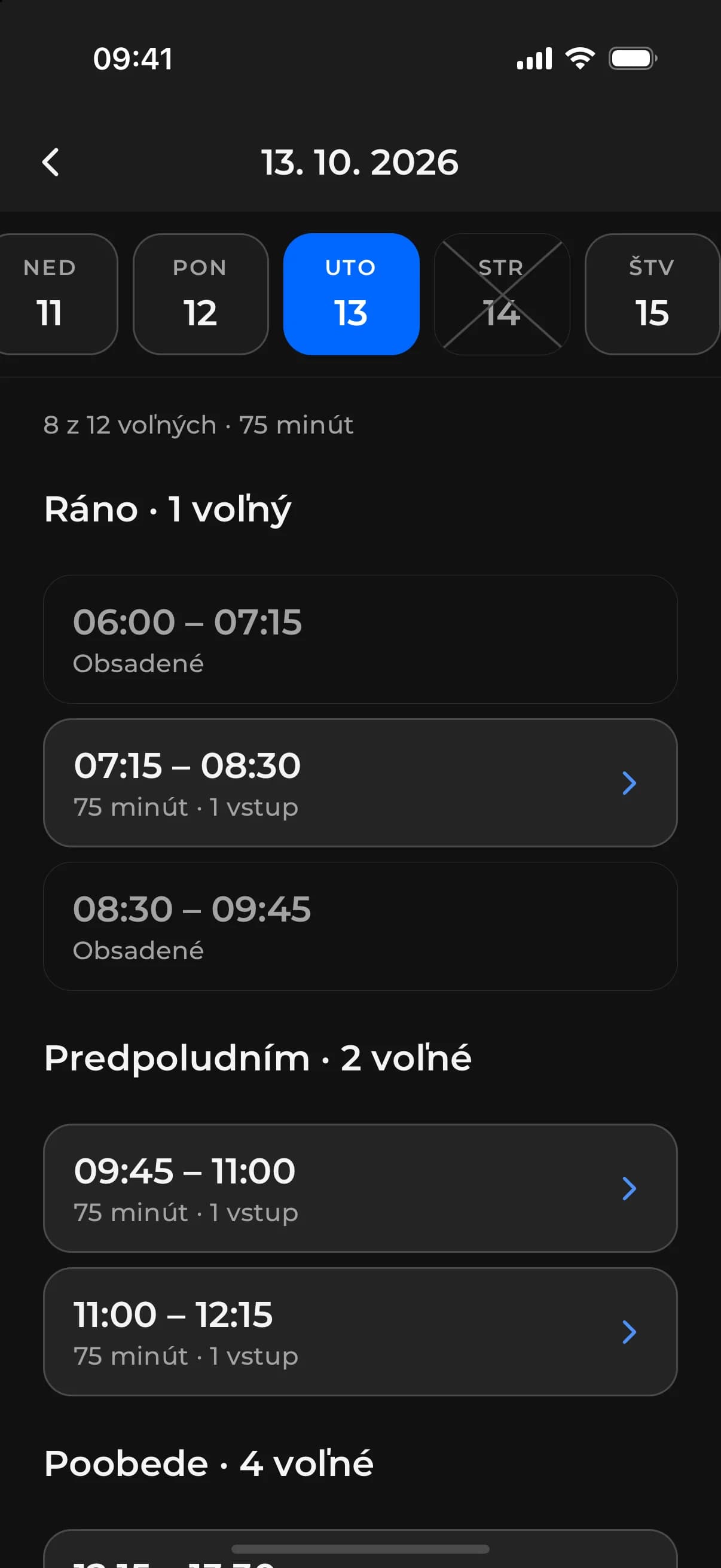 Aplikácia ACHYLES GYM – kalendár voľných termínov, zhrnutie s odpočtom podržania a potvrdená rezervácia
