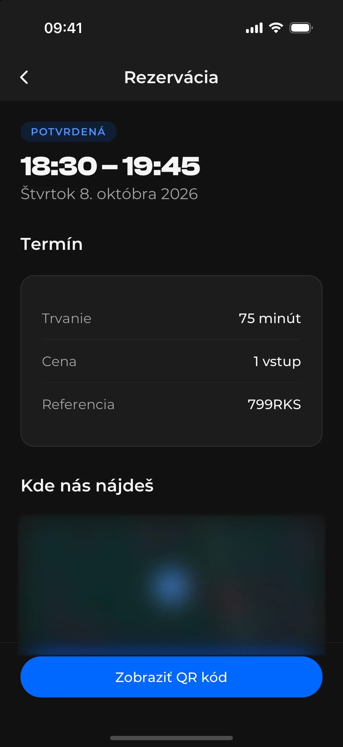 Aplikácia ACHYLES GYM – detail rezervácie, QR kód na dvere a návod, ako sa dostať dnu