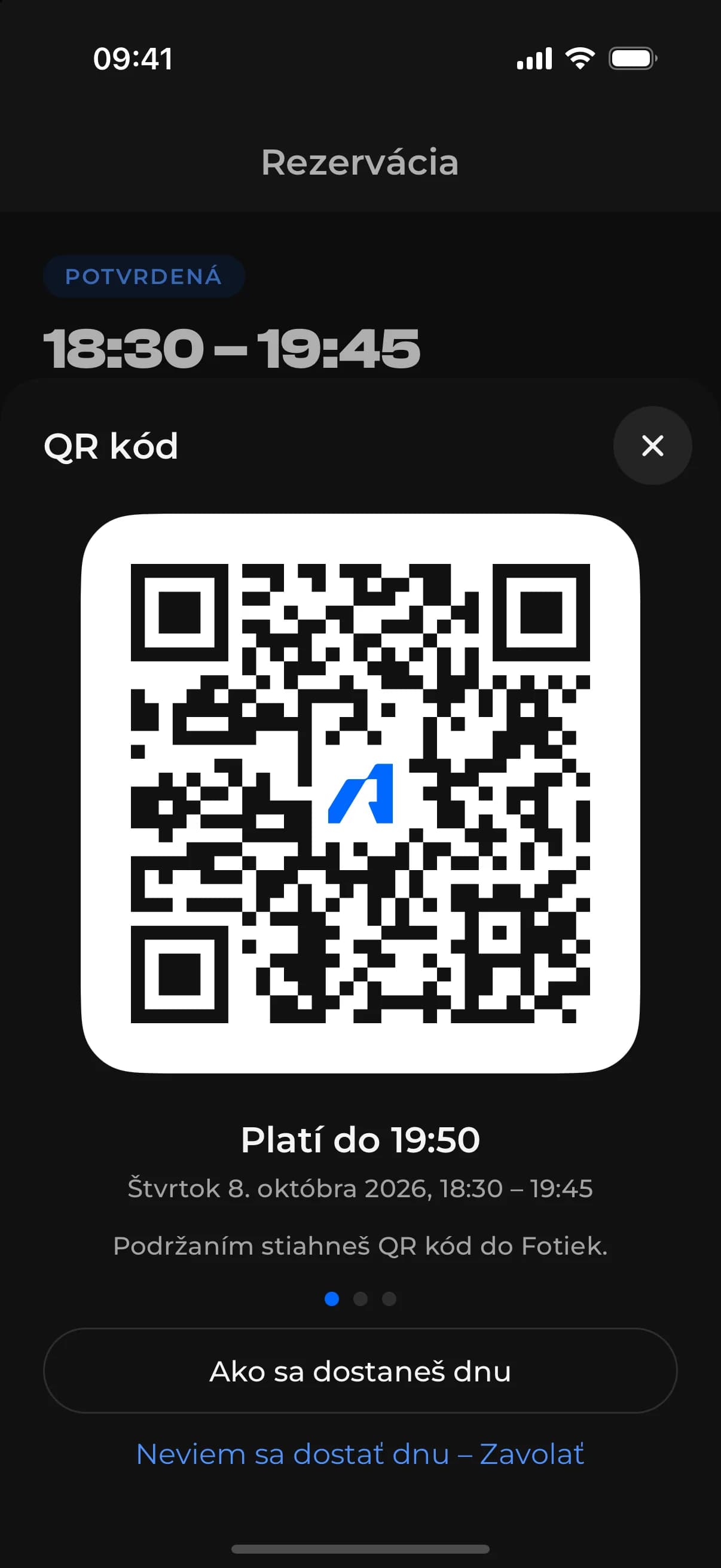 Aplikácia ACHYLES GYM – detail rezervácie, QR kód na dvere a návod, ako sa dostať dnu