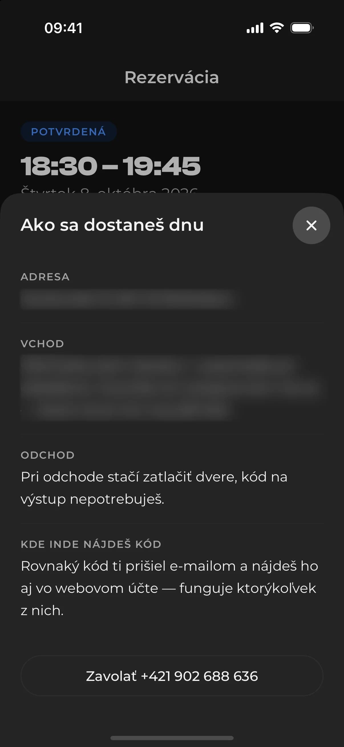 Aplikácia ACHYLES GYM – detail rezervácie, QR kód na dvere a návod, ako sa dostať dnu