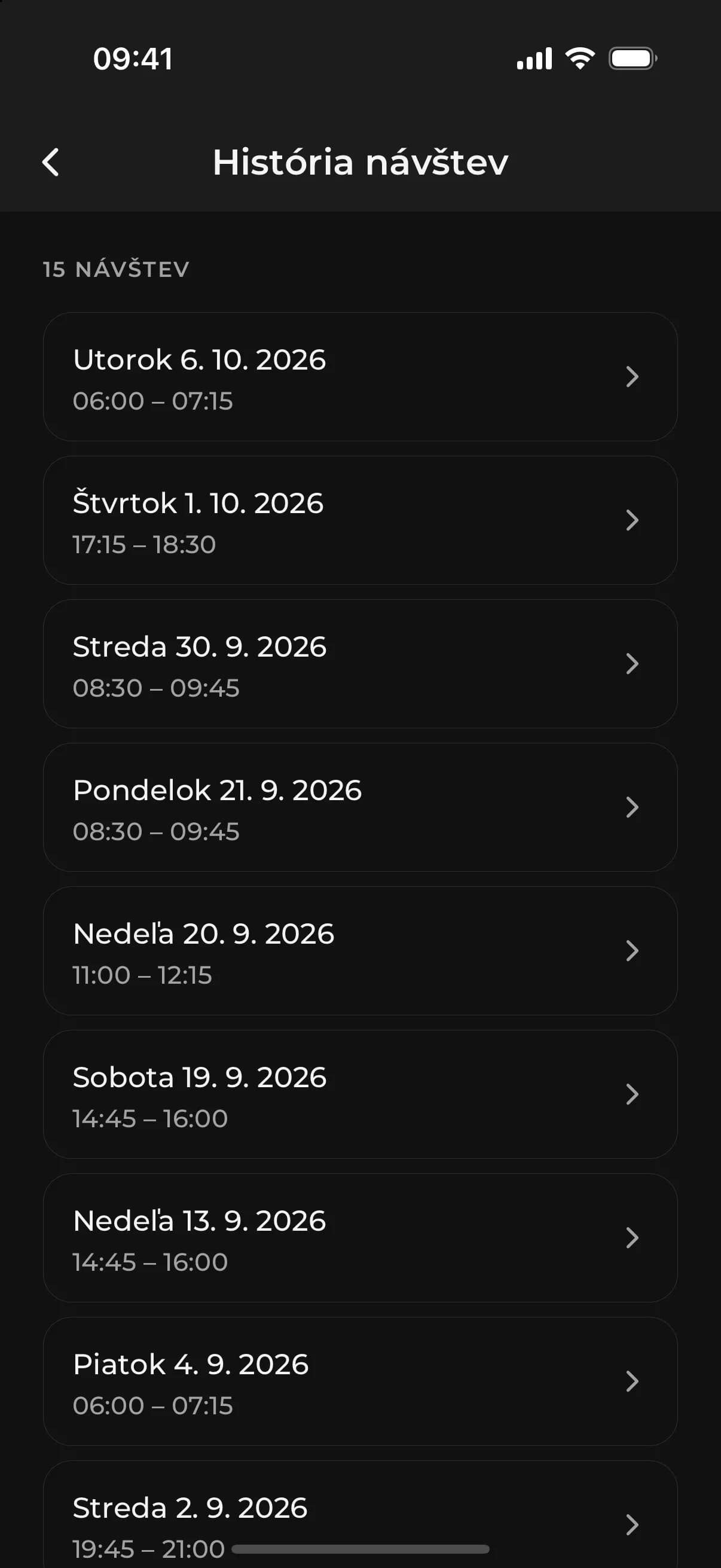 Aplikácia ACHYLES GYM – úvodná obrazovka, detail termínu a história návštev