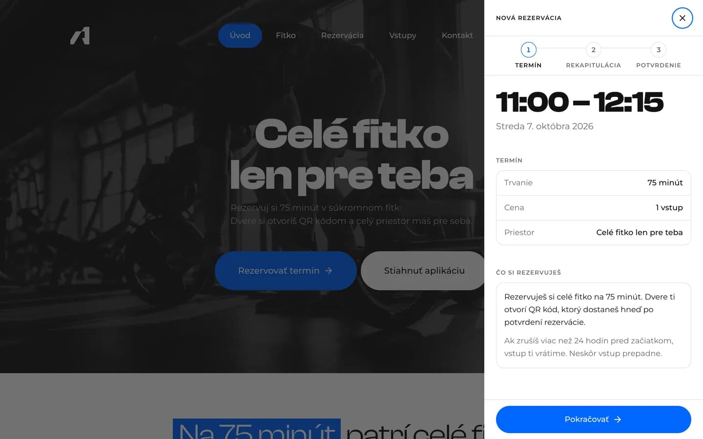 achylesgym.com – panel novej rezervácie s termínom a podmienkami zrušenia