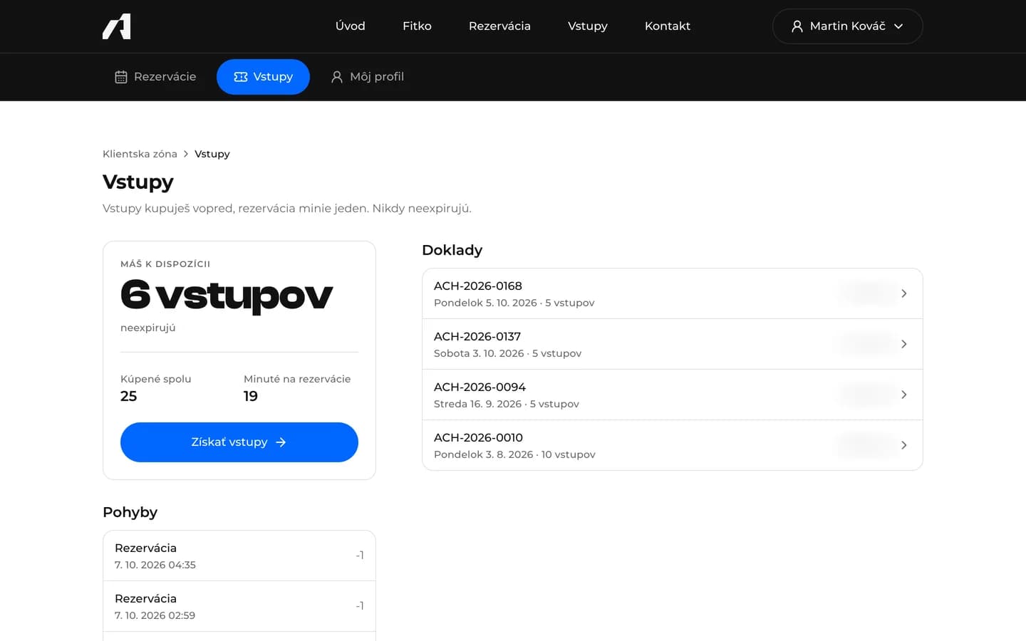 achylesgym.com – klientska zóna: zostatok vstupov, doklady a pohyby