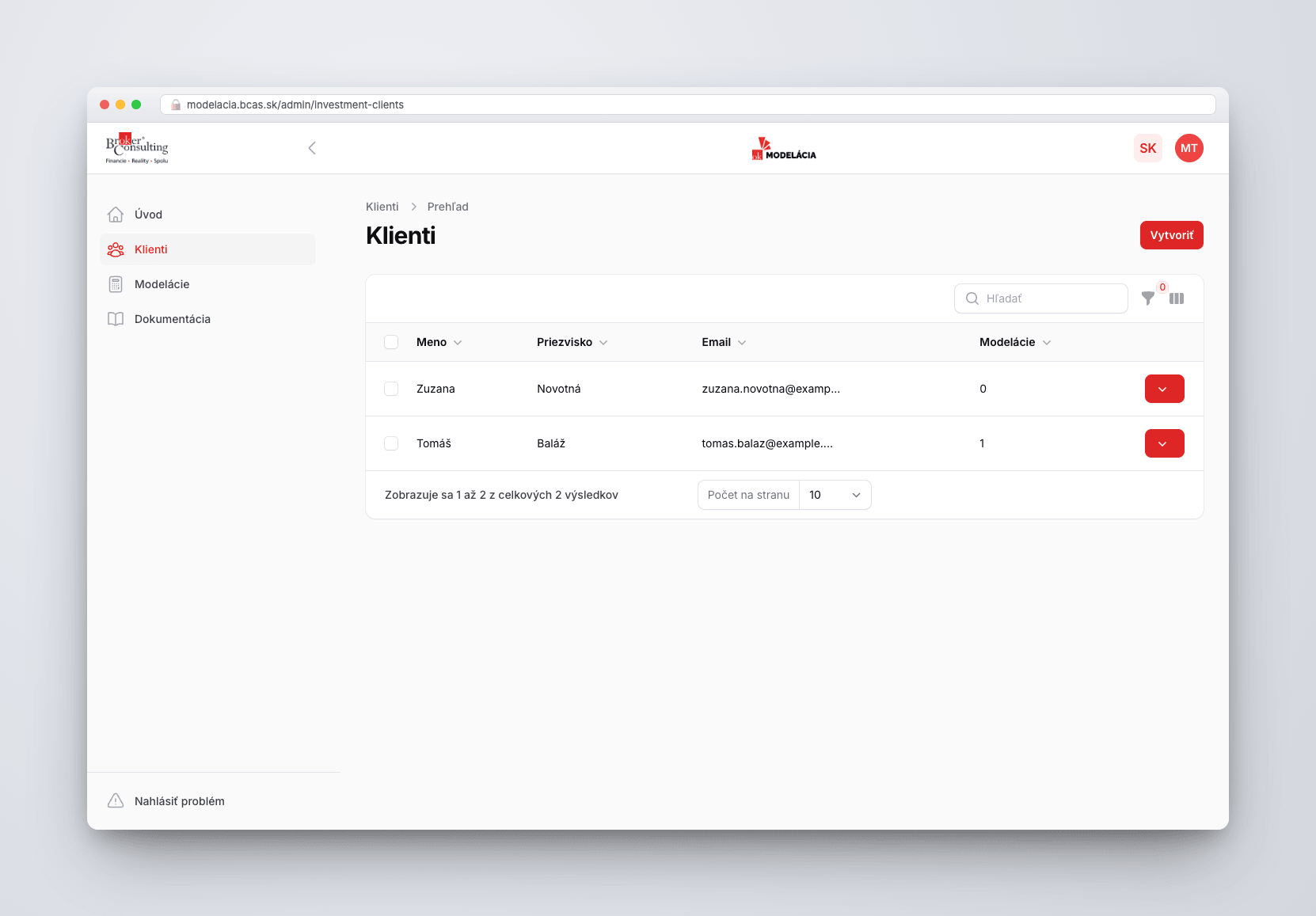 Internal modeling software for financial advisory — ukážka rozhrania 2