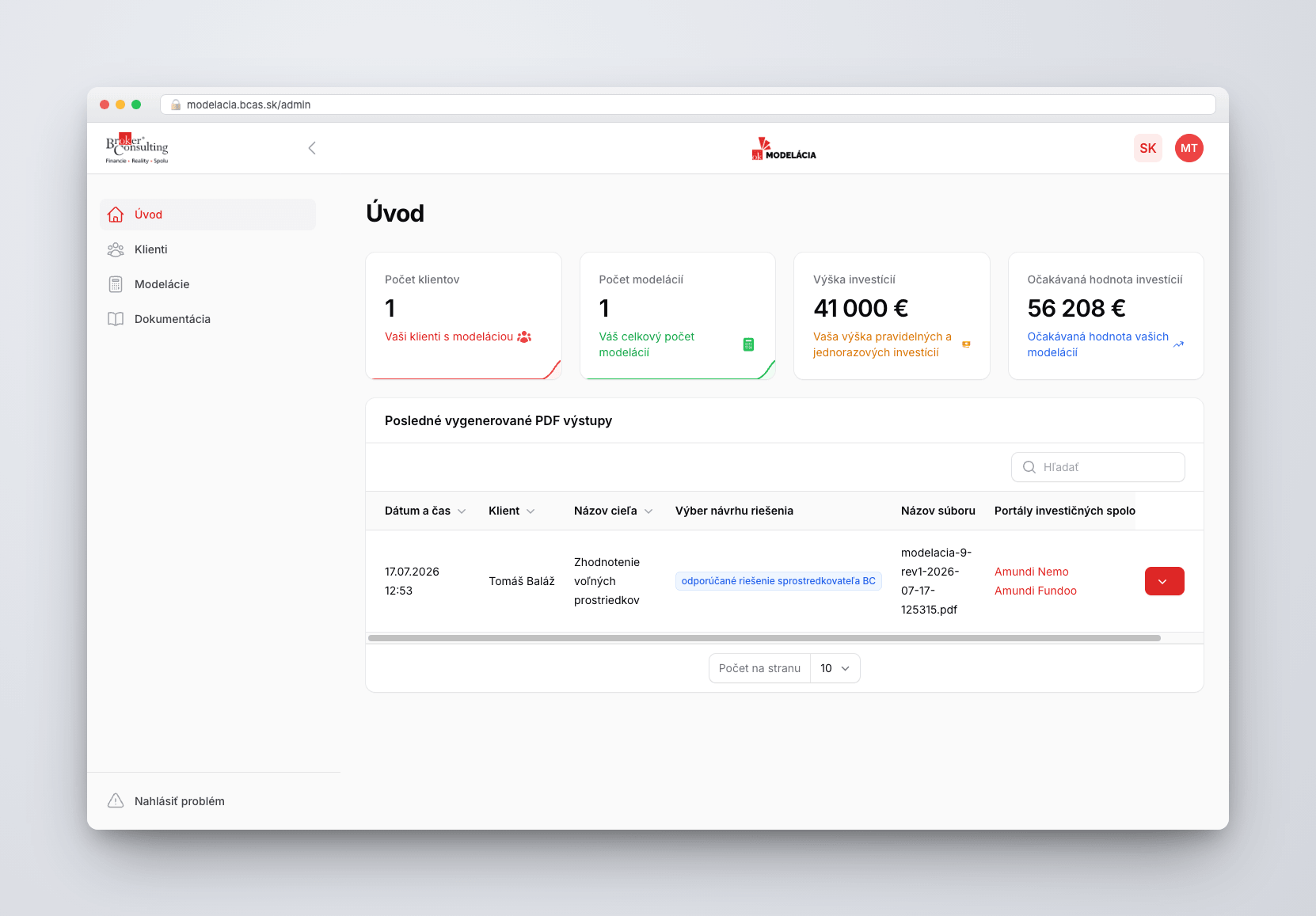 Internal modeling software for financial advisory — ukážka rozhrania 1