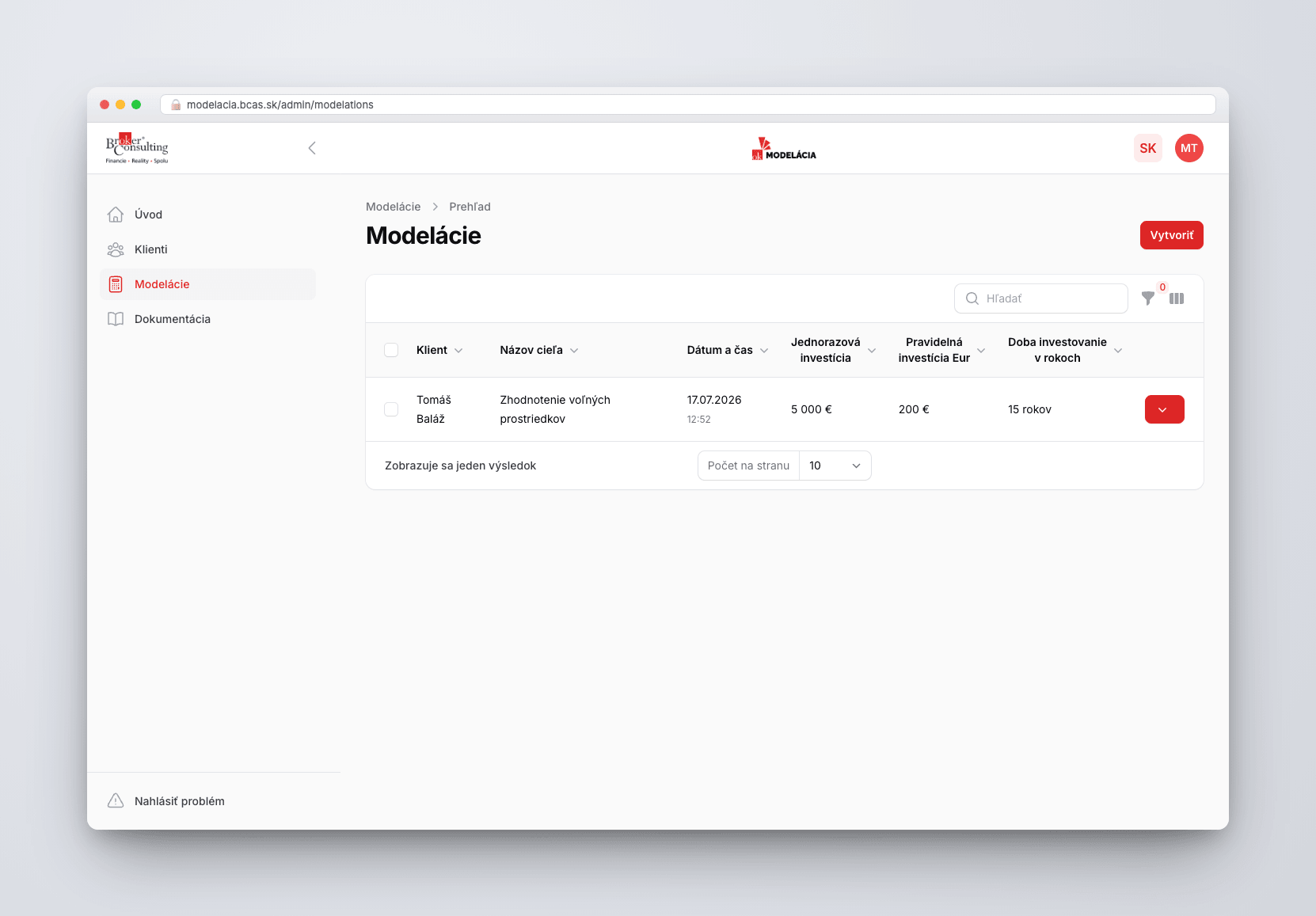 Internal modeling software for financial advisory — ukážka rozhrania 3