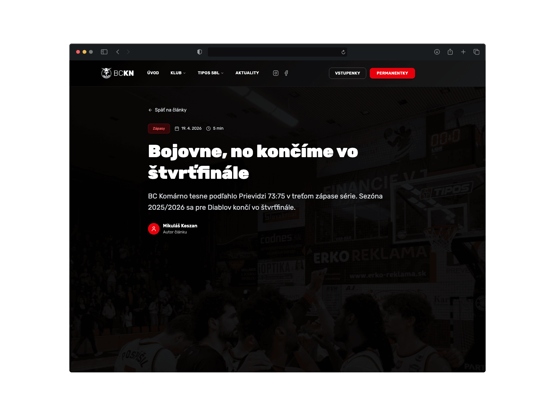 Klubová webová prezentace s live výsledky a členskou sekcí — ukážka rozhrania 3