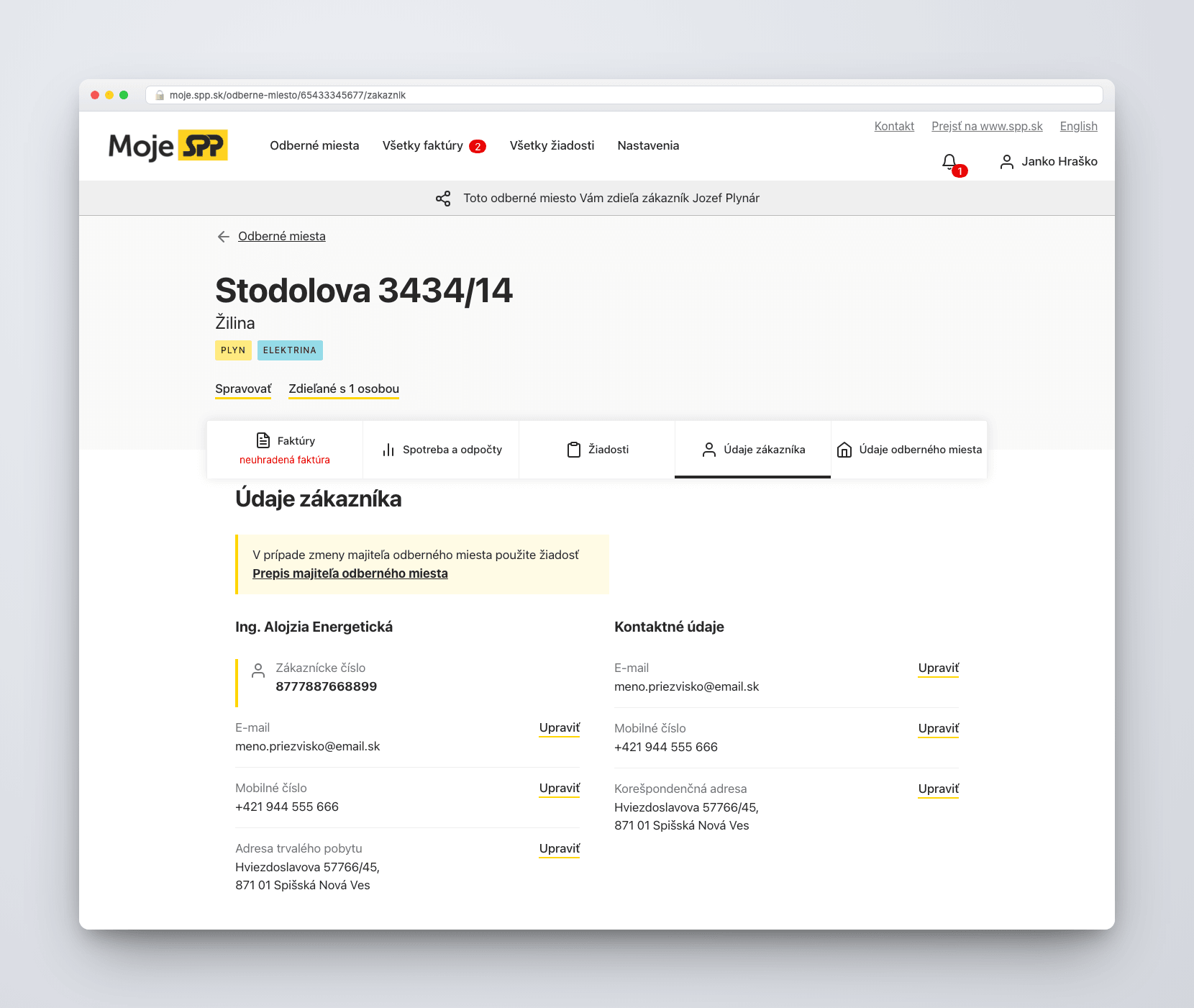 Zákaznický portál pro dodavatele energií — ukážka rozhrania 3
