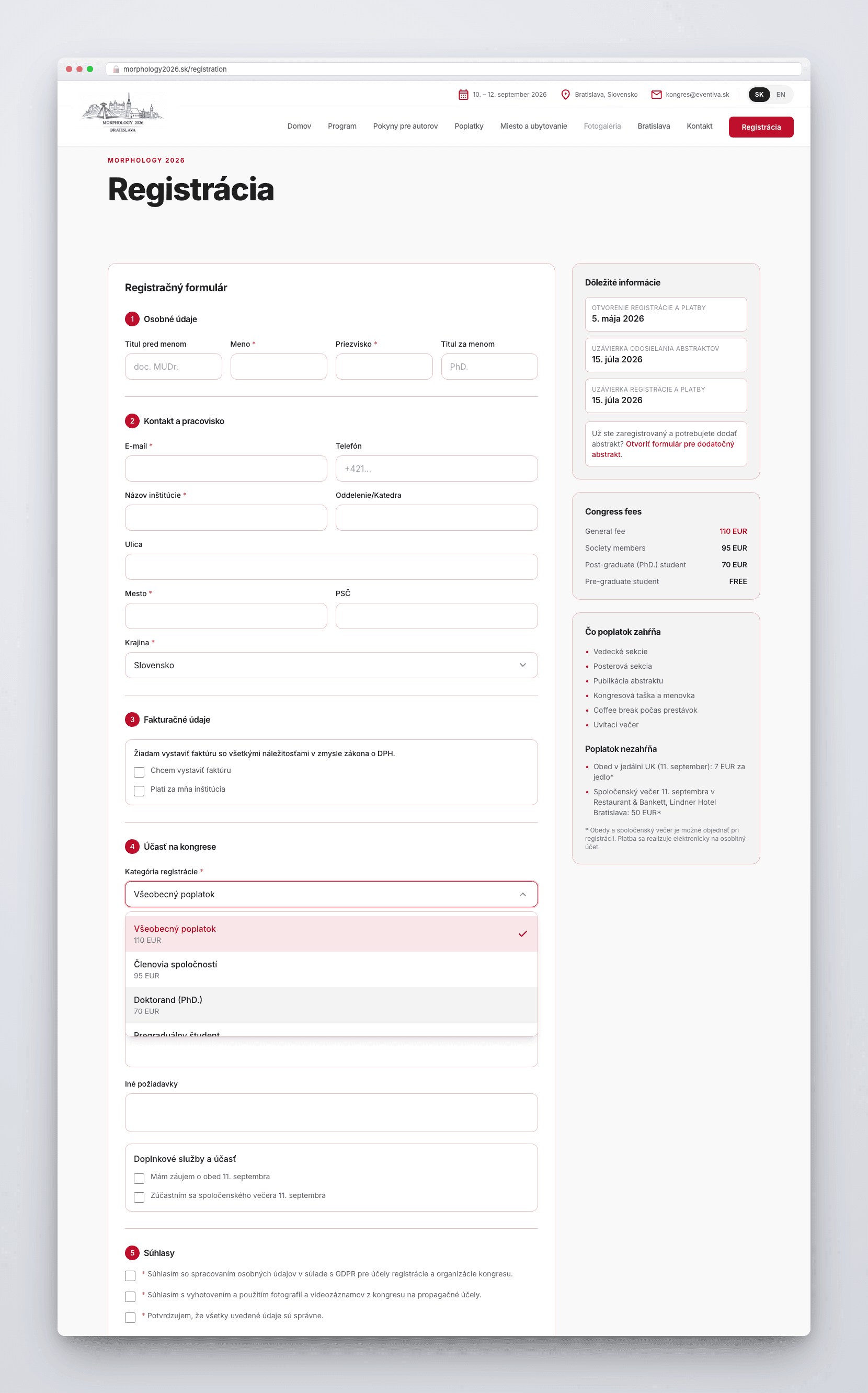 Tri kongresy, jeden web, plná registrácia a platba online — ukážka rozhrania 2