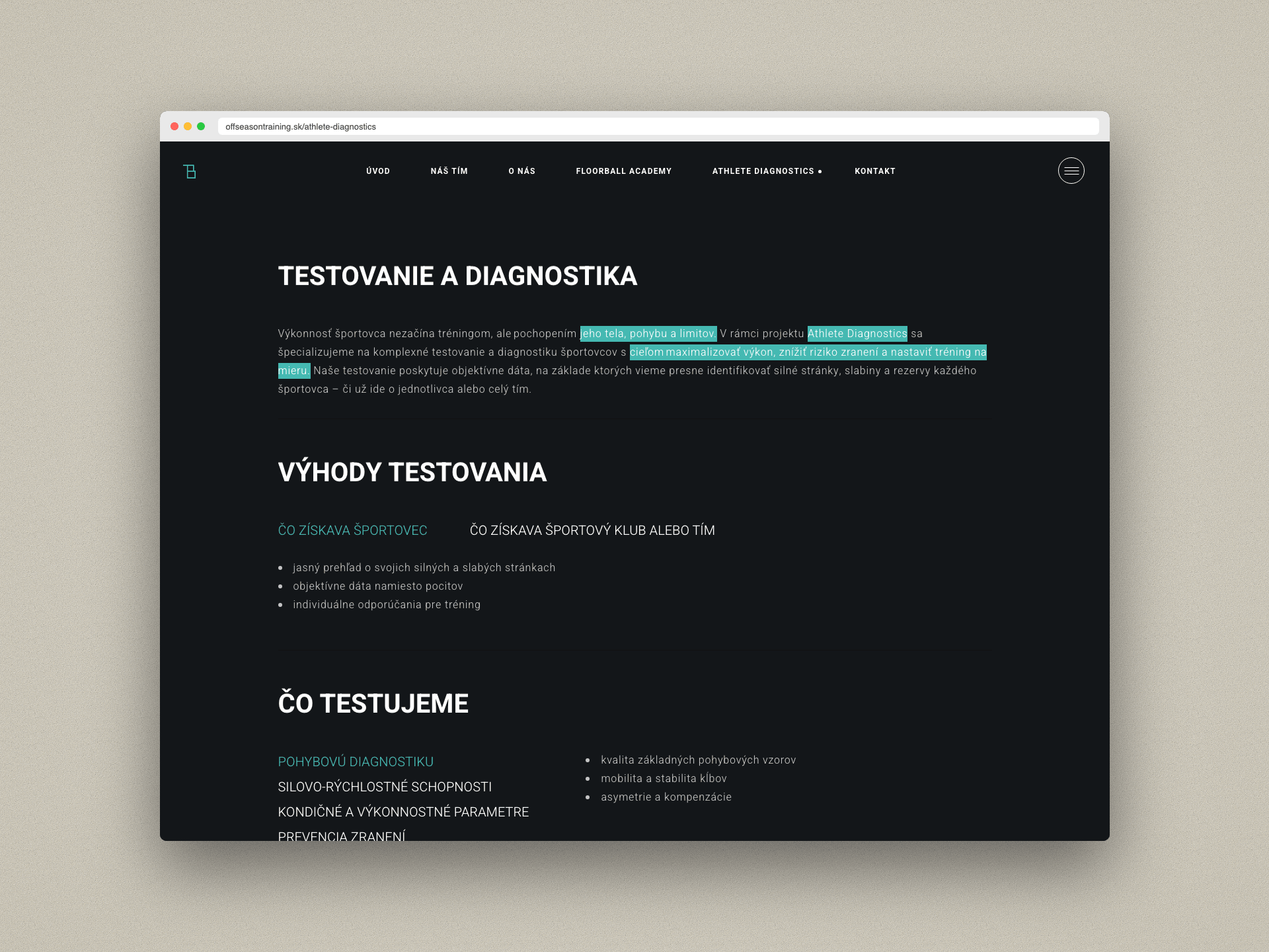 Website for Off Season Training — ukážka rozhrania 3