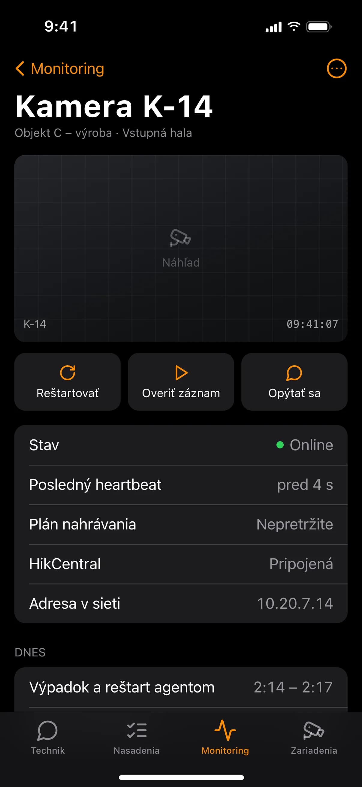 SUP Technik – monitoring objektov a detail kamery K-14